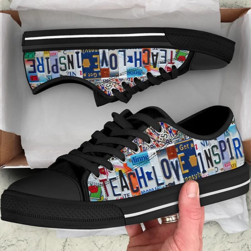 Pre K Team License Plates Low Top Black Shoes, Teacher Shoes, Low Top Sneakers