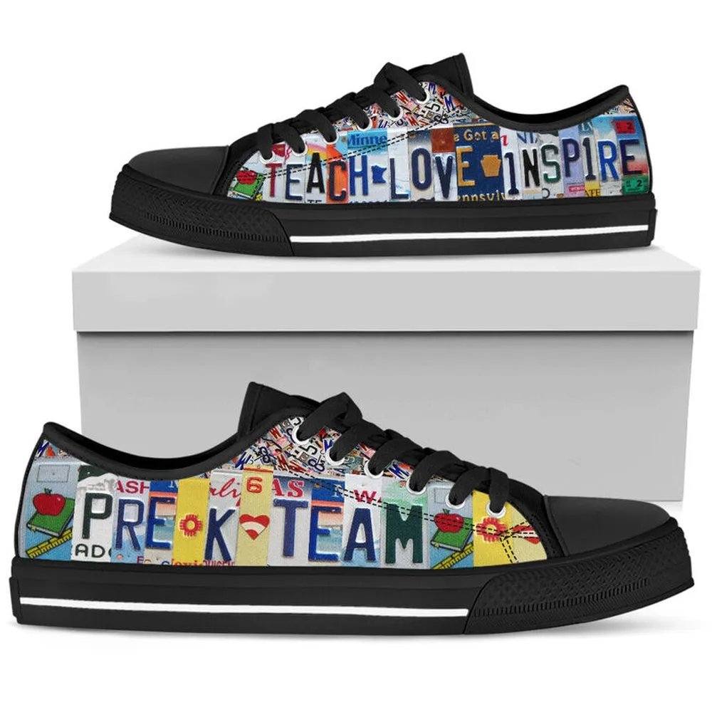 Pre K Team License Plates Low Top Black Shoes, Teacher Shoes, Low Top Sneakers