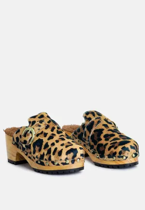 PRUNUS Leopard Buckled Suede Round Toe Mule Clogs