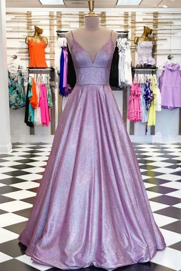 Purple Spaghetti Straps Sleeveless Prom Evening Dress with Pockets  PSK042