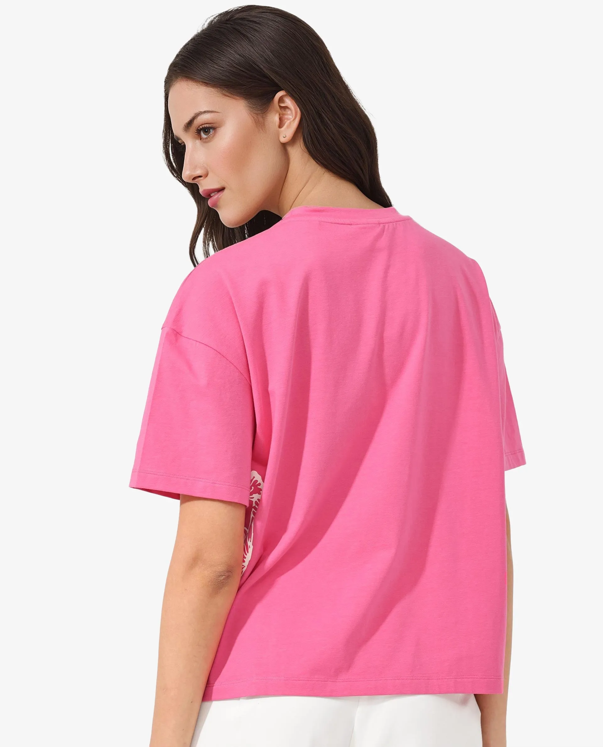 Rareism Women Grando Flouroscent Pink Cotton Elastane Fabric Crew Neck Knit Solid T-Shirt