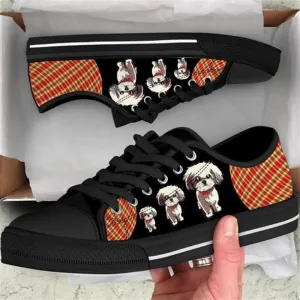 Shih Tzu Dog Red Black Tan Plaid Canvas Low Top Shoes - Low Top Shoes Mens, Women, Dog Printed Shoes, Canvas Shoes For Men, Women