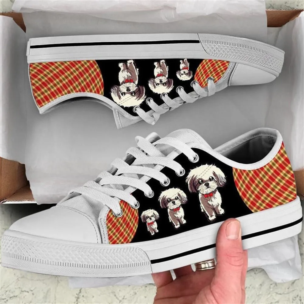 Shih Tzu Dog Red Black Tan Plaid Canvas Low Top Shoes - Low Top Shoes Mens, Women, Dog Printed Shoes, Canvas Shoes For Men, Women