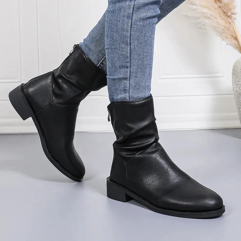 Sohiwoo Retro Pleated Black Ankle Boots Women Comfortable Low Heel Pu Leather Boots Woman Casual Back Zipper Short Booties Mujer