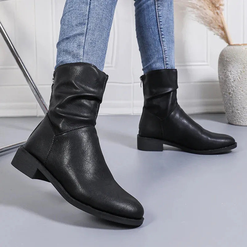 Sohiwoo Retro Pleated Black Ankle Boots Women Comfortable Low Heel Pu Leather Boots Woman Casual Back Zipper Short Booties Mujer