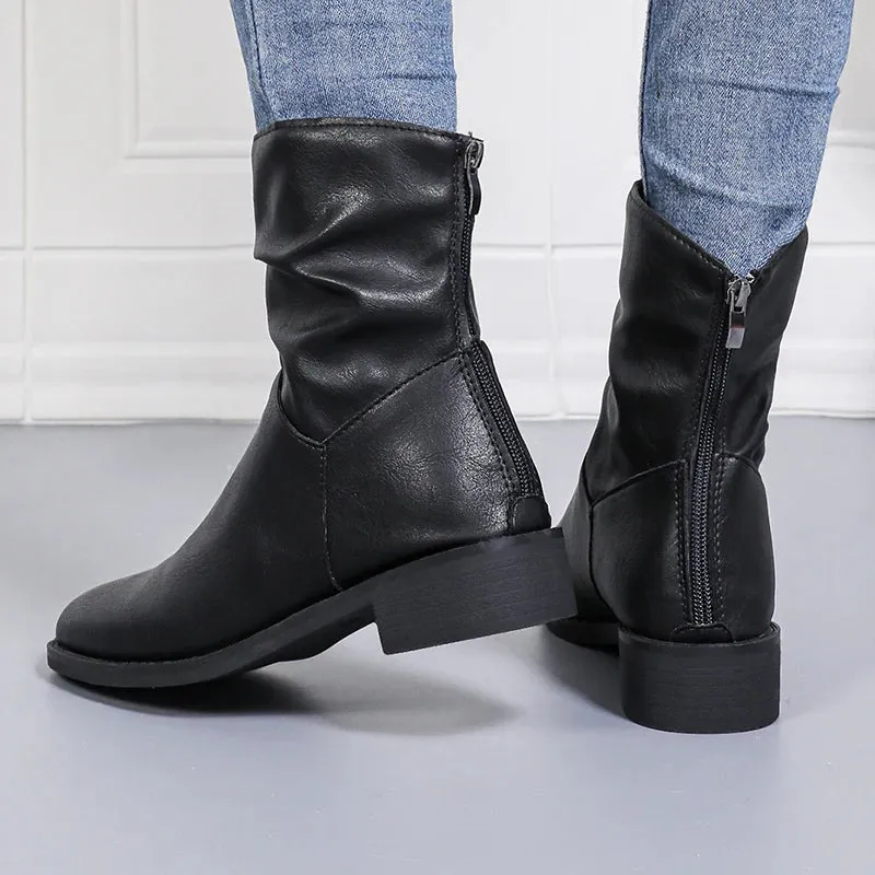 Sohiwoo Retro Pleated Black Ankle Boots Women Comfortable Low Heel Pu Leather Boots Woman Casual Back Zipper Short Booties Mujer