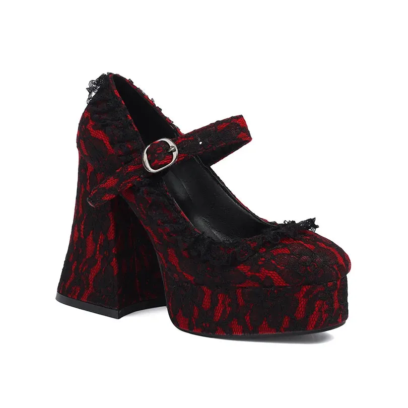 TAVIMART  -  Lace Printed Fabric Platform Ultra-High Conical Heel Shallow Fashion High Heels Buckle Floral Fabric Elegant And Sexy Pumps