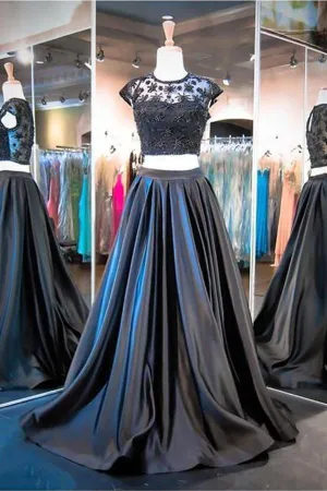 Two Piece A-line Black Cap Sleeve Prom Dresses Evening Dresses PG291