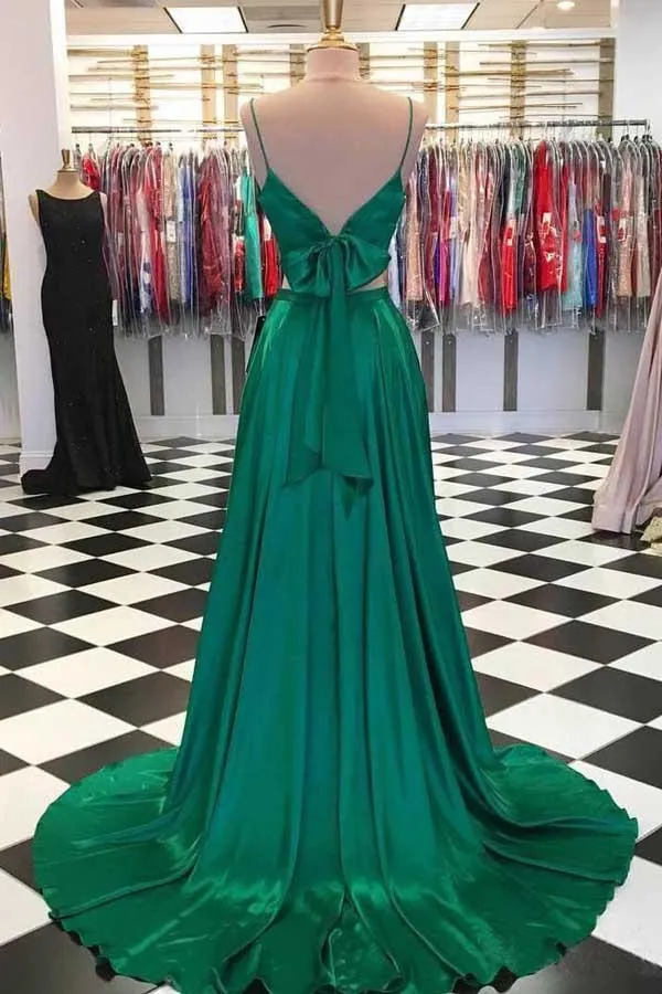 Two Piece Emerald Green Long Prom/Evening Dresses with Bow PG869