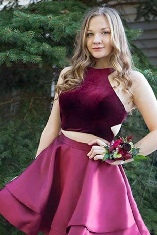 Two Piece High Neck Cut-out Burgundy Homecoming Party Dress PD035