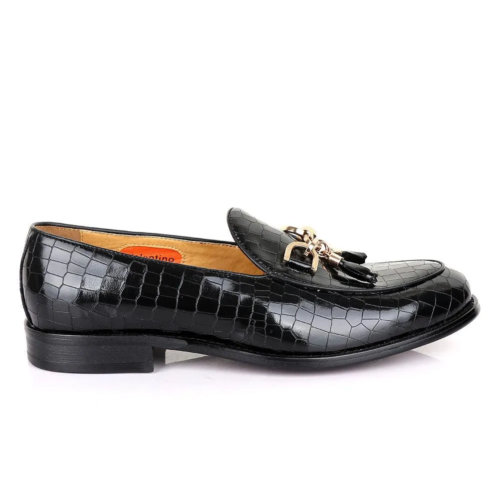 Valentino Classic Croc Chain Tassel Black Leather Shoe