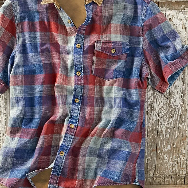 Vintage Check Print  Outdoor Tactical Short Sleeve Shirt