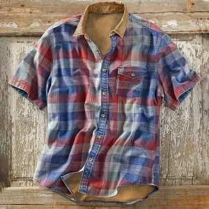 Vintage Check Print  Outdoor Tactical Short Sleeve Shirt