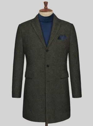 Vintage Flat Green Herringbone Tweed Overcoat