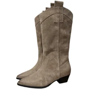 Western Boots for Womens Mid Calf suede knee boots- Black/Khaki