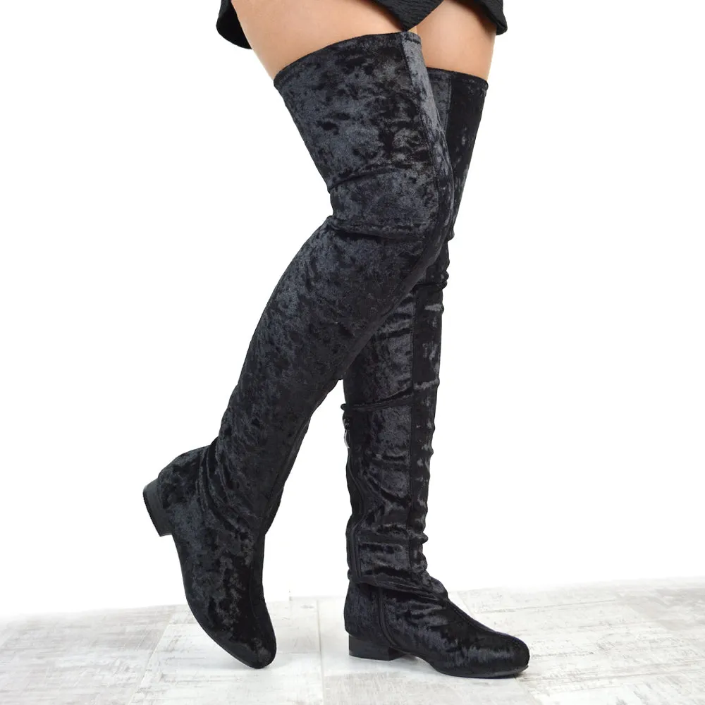 WILLOW FLAT RIDING FAUX SUEDE THIGH KNEE HIGH BOOTS IN BLACK