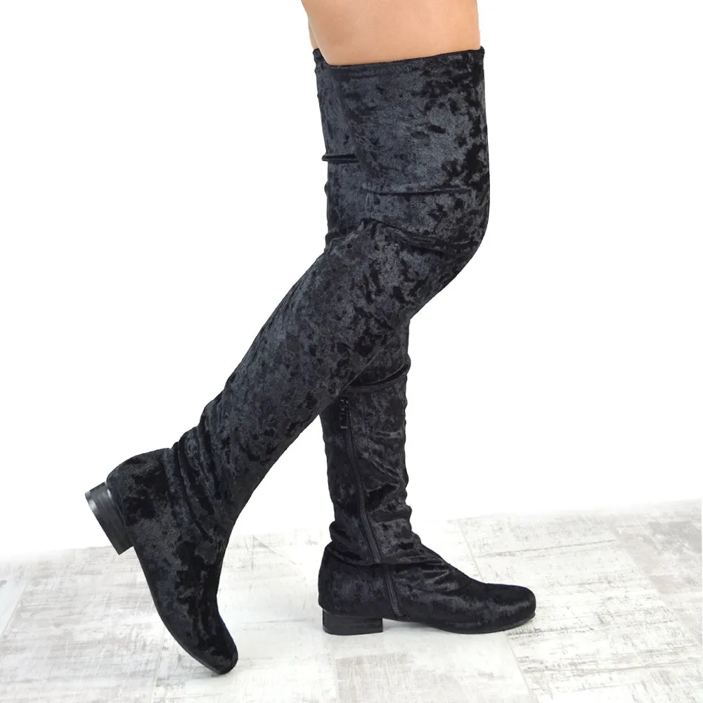 WILLOW FLAT RIDING FAUX SUEDE THIGH KNEE HIGH BOOTS IN BLACK