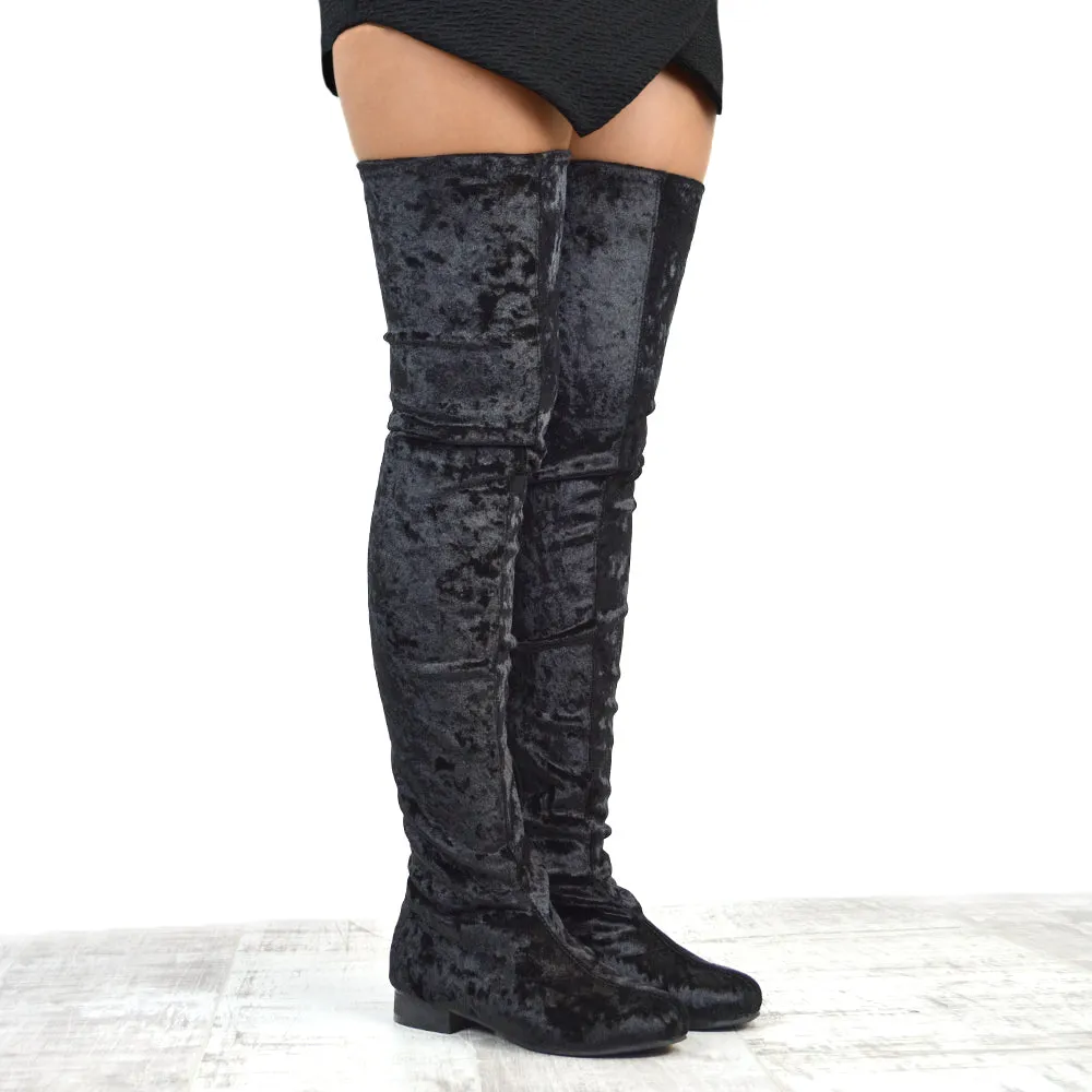 WILLOW FLAT RIDING FAUX SUEDE THIGH KNEE HIGH BOOTS IN BLACK