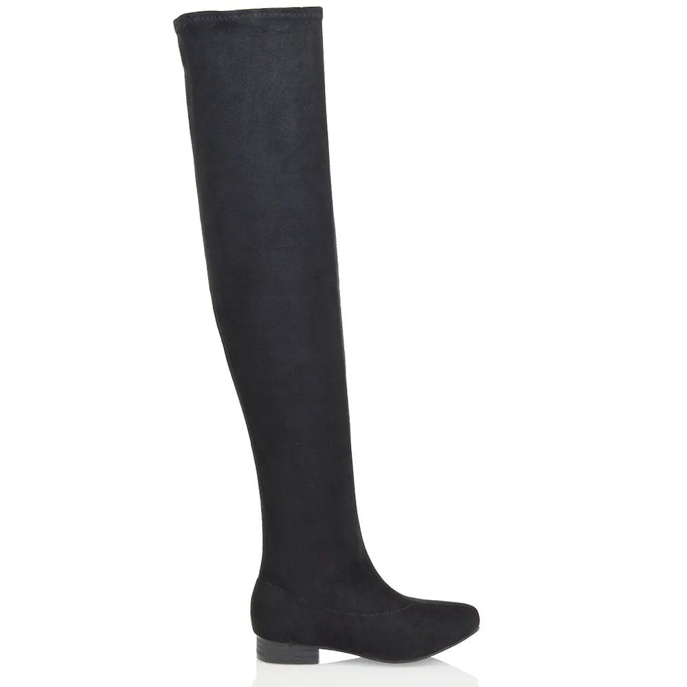 WILLOW FLAT RIDING FAUX SUEDE THIGH KNEE HIGH BOOTS IN BLACK