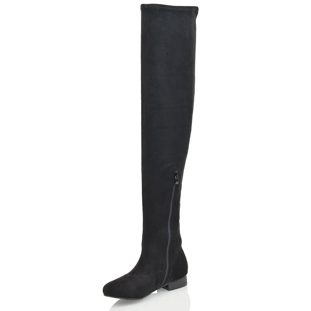 WILLOW FLAT RIDING FAUX SUEDE THIGH KNEE HIGH BOOTS IN BLACK