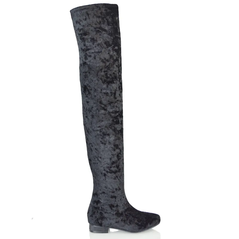 WILLOW FLAT RIDING FAUX SUEDE THIGH KNEE HIGH BOOTS IN BLACK