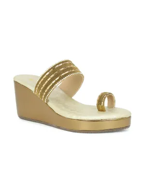 Women Ant Gold Ethnic Embellished One Toe Wedges