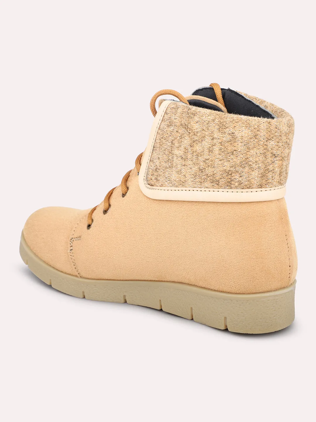 Women Beige Mid Top Flat Boots