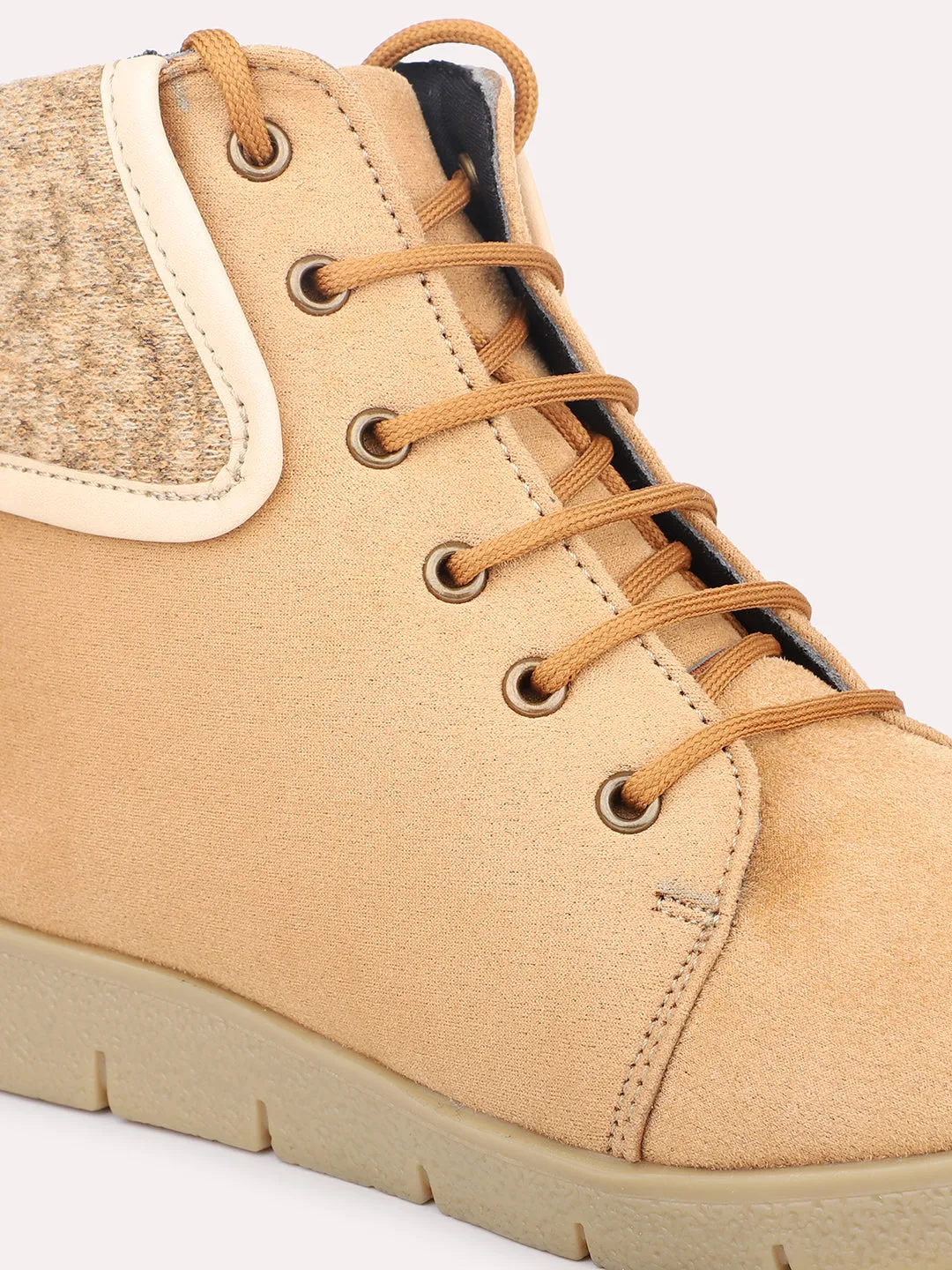 Women Beige Mid Top Flat Boots