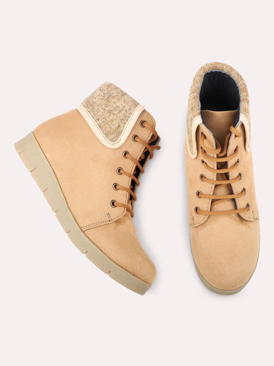 Women Beige Mid Top Flat Boots