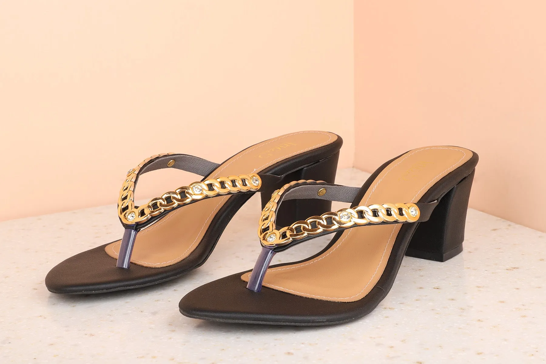 Women Black Block Heel Sandals With Chain Detail