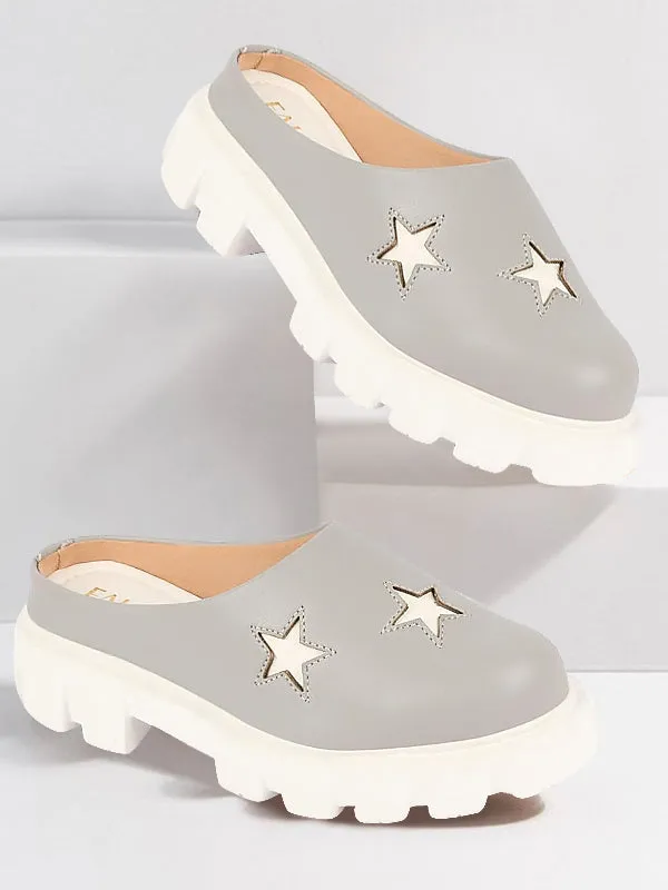 Women Grey Laser Cut Star Open Back Height Enhancer Slip On Casual Shoes