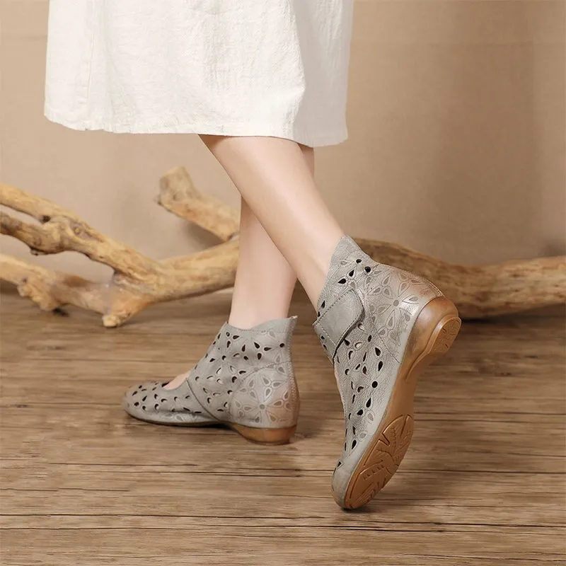 Women Handmade Genuine Leather Hollow Out Summer Boots In Grey