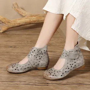 Women Handmade Genuine Leather Hollow Out Summer Boots In Grey