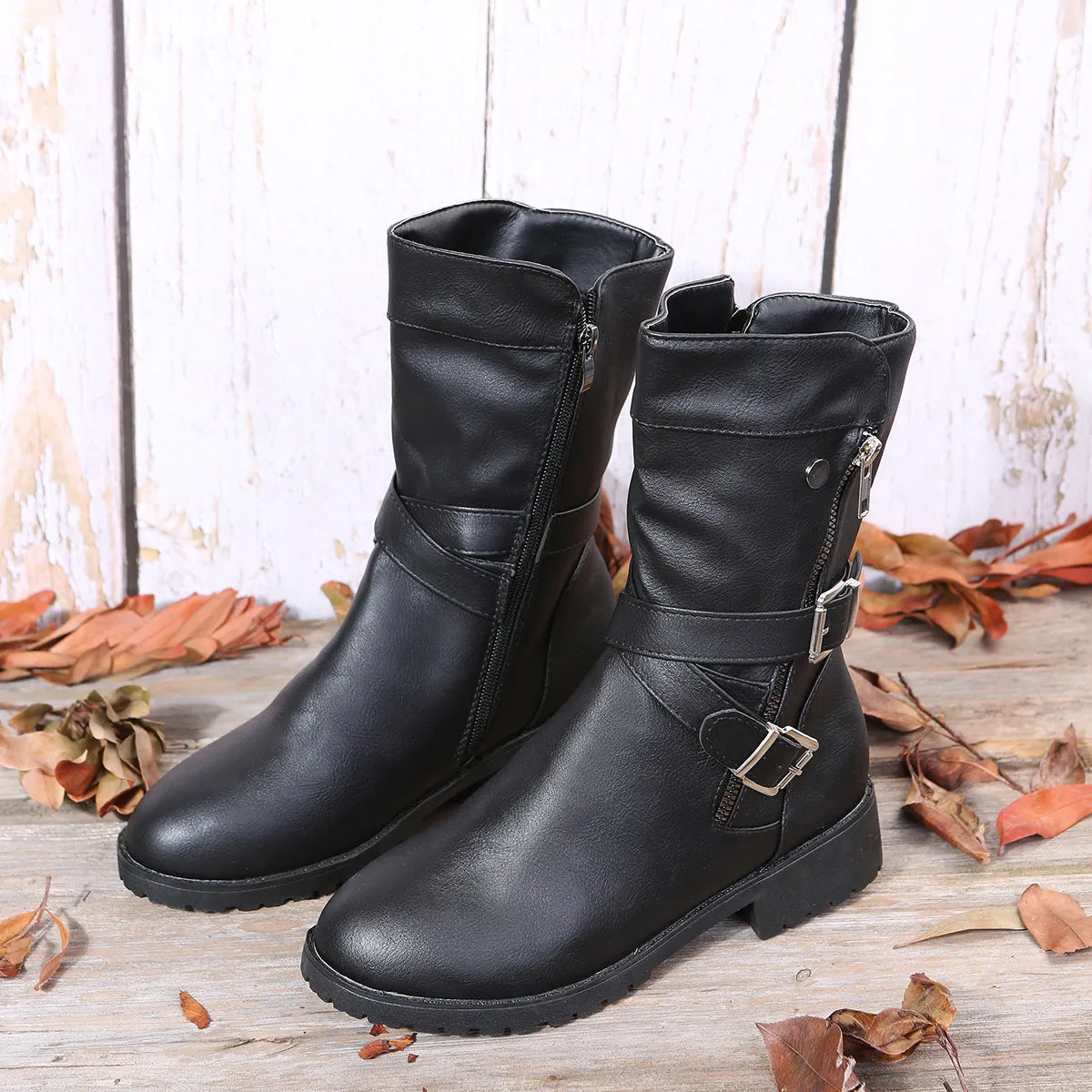 Women mid calf boots | Crisscross buckle strap side zipper motorcycle boots | Winter fashion boots