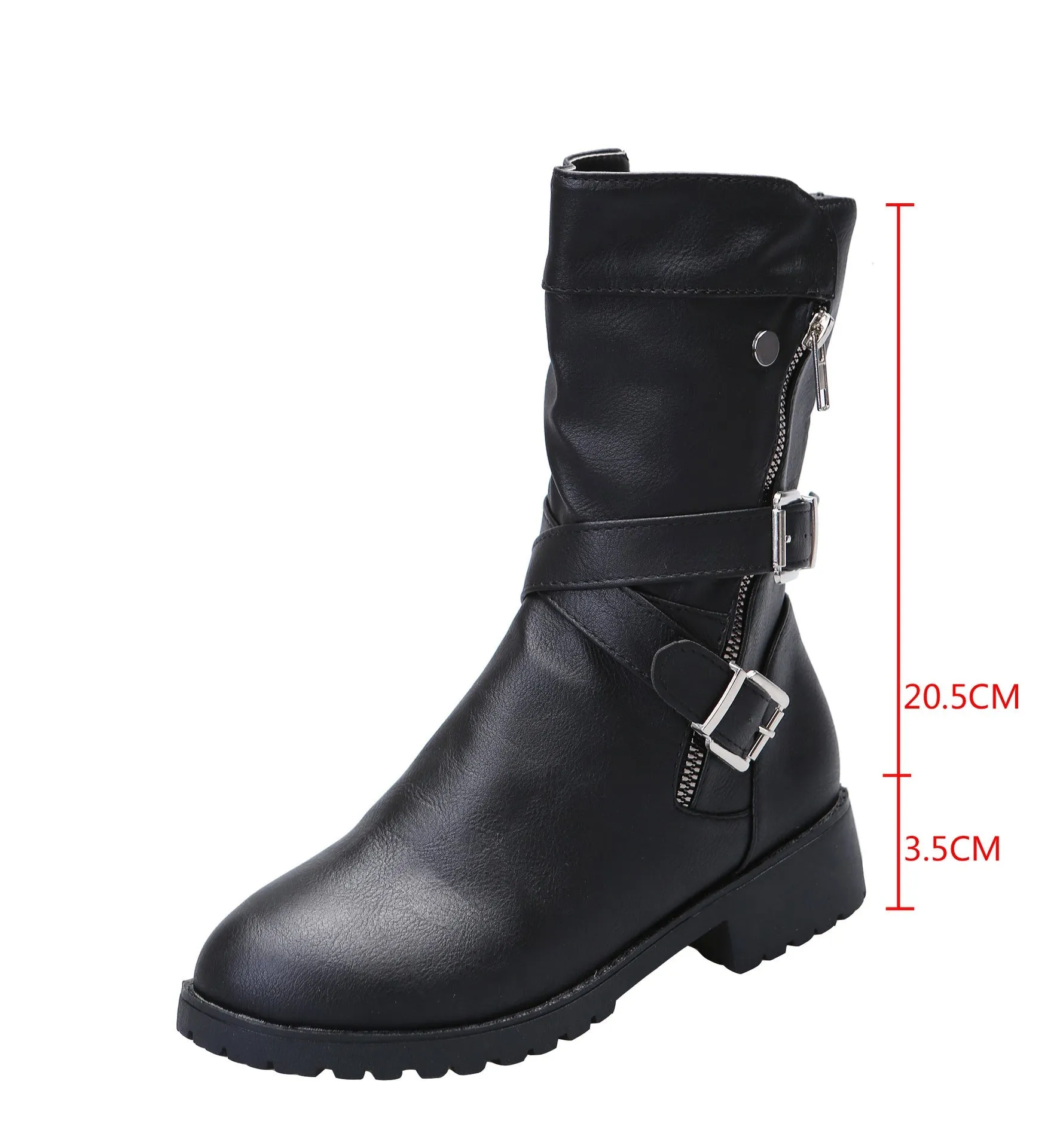 Women mid calf boots | Crisscross buckle strap side zipper motorcycle boots | Winter fashion boots