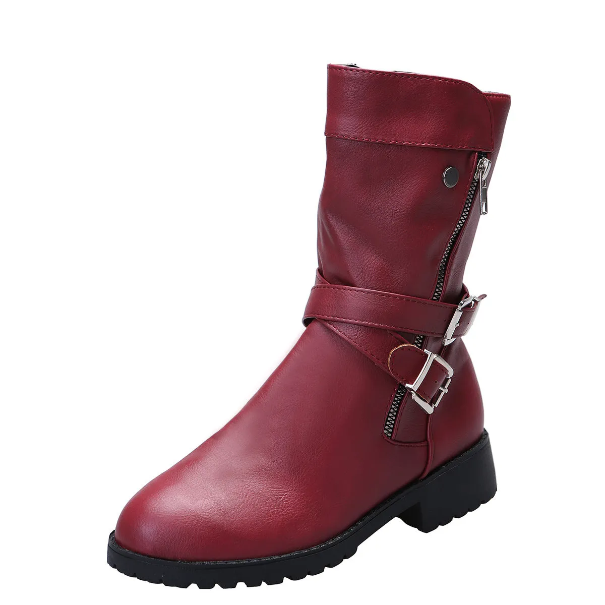 Women mid calf boots | Crisscross buckle strap side zipper motorcycle boots | Winter fashion boots