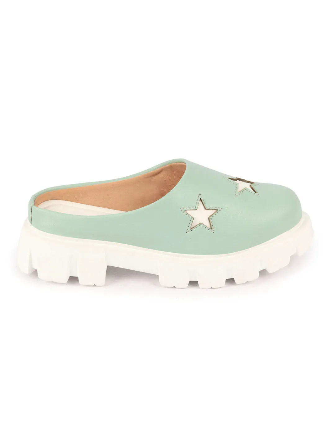 Women Pista Green Laser Cut Star Open Back Height Enhancer Slip On Casual Shoes