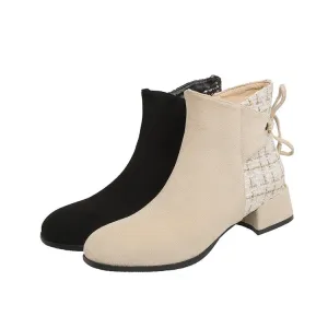 Women's Flock Lattice Patchwork Side Zippers Block Heel Short Boots