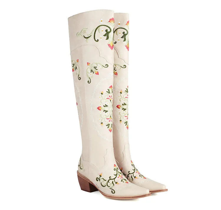 Women's Oriental Embroidery Pointed Toe Beveled Heel Over-The-Knee Boots