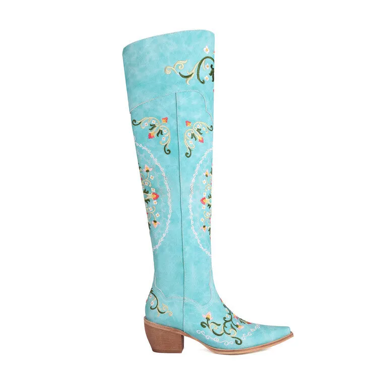 Women's Oriental Embroidery Pointed Toe Beveled Heel Over-The-Knee Boots