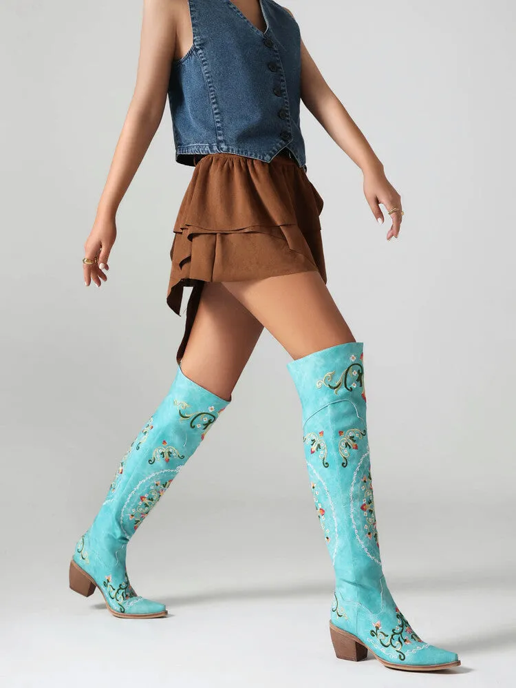 Women's Oriental Embroidery Pointed Toe Beveled Heel Over-The-Knee Boots