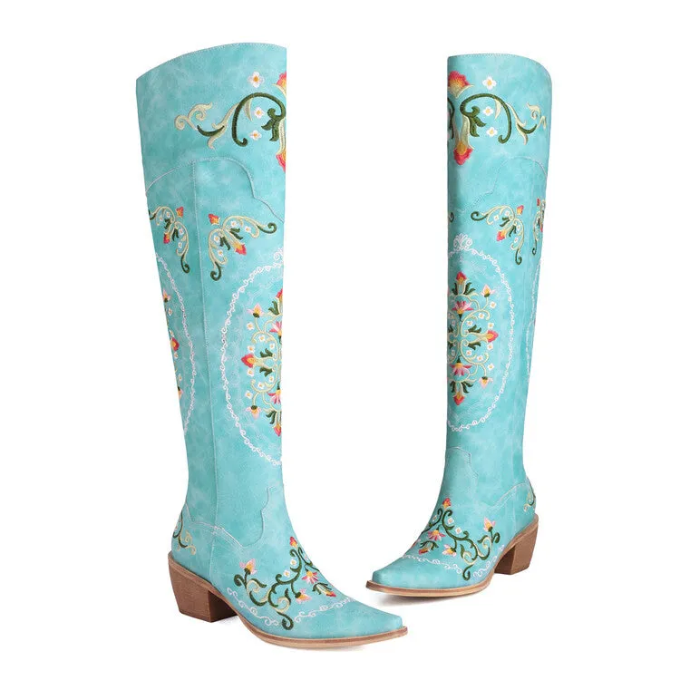 Women's Oriental Embroidery Pointed Toe Beveled Heel Over-The-Knee Boots