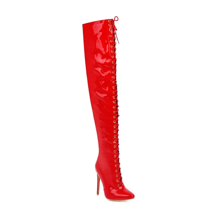 Women's Patent Leather Pointed Toe Side Zippers Strappy Stiletto Heel Over the Knee Boots