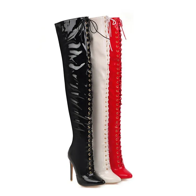 Women's Patent Leather Pointed Toe Side Zippers Strappy Stiletto Heel Over the Knee Boots