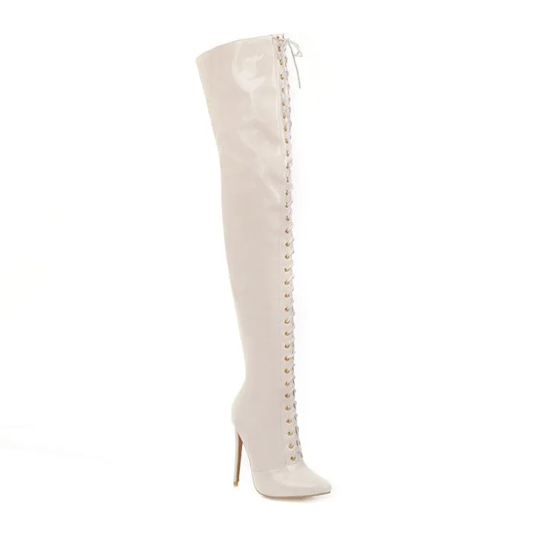 Women's Patent Leather Pointed Toe Side Zippers Strappy Stiletto Heel Over the Knee Boots