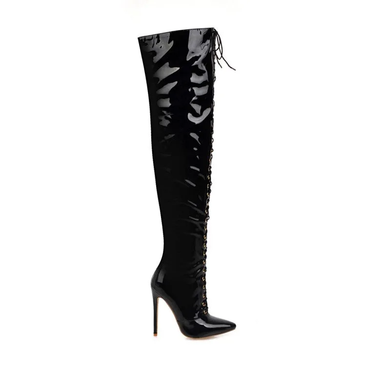 Women's Patent Leather Pointed Toe Side Zippers Strappy Stiletto Heel Over the Knee Boots