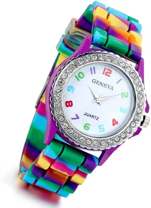 Women's Quartz Watch Rhinestone Rainbow Color Silicon Jelly Fun Play Colorful Casual Dress Wrist Watches