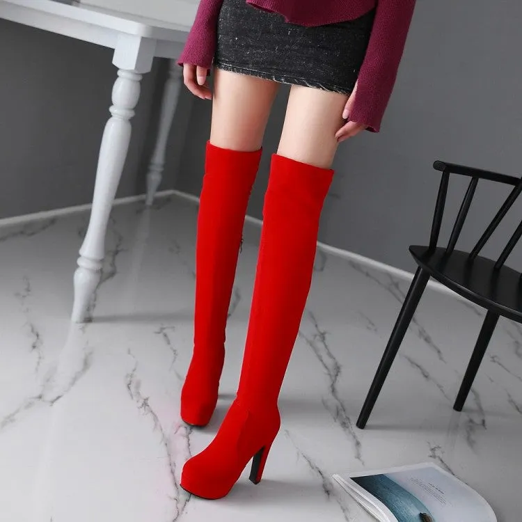 Women's Suede Round Toe Side Zippers Chunky Heel Platform Over the Knee Boots