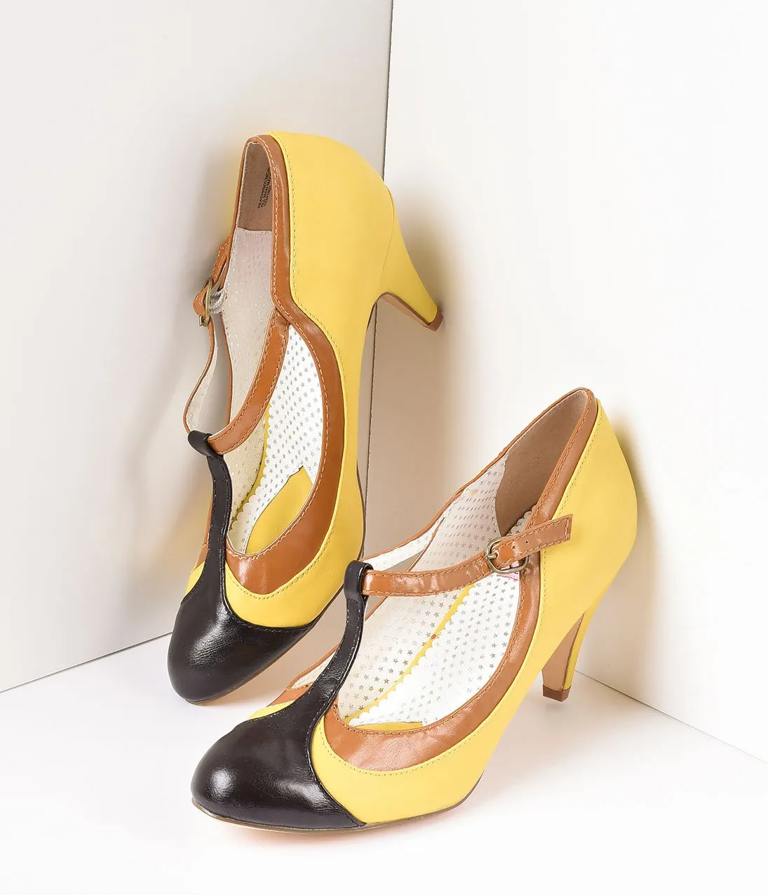 Yellow Tricolor Leatherette T-Strap Pumps