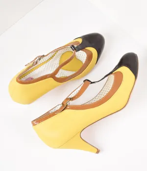 Yellow Tricolor Leatherette T-Strap Pumps